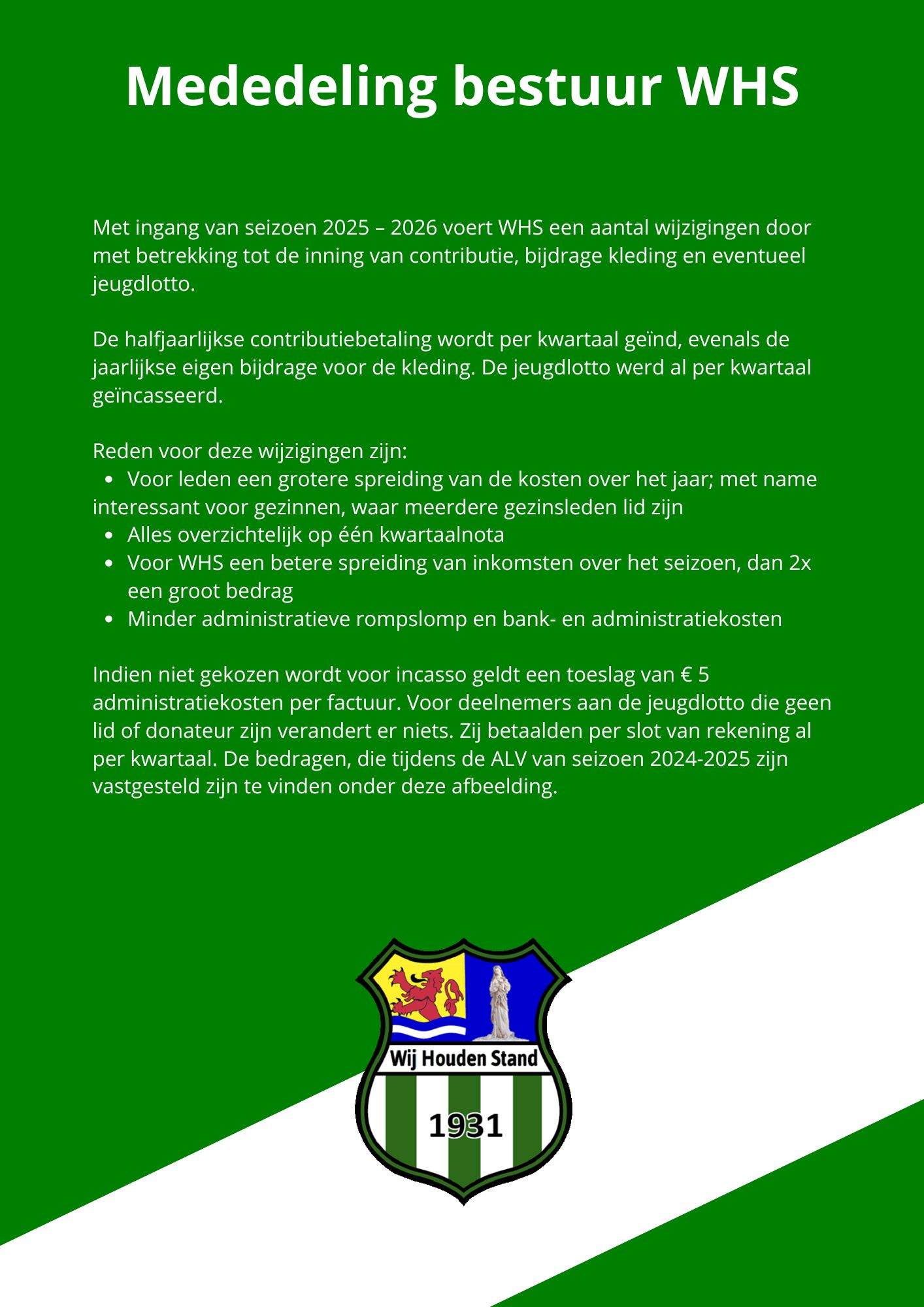 Mededeling bestuur WHS